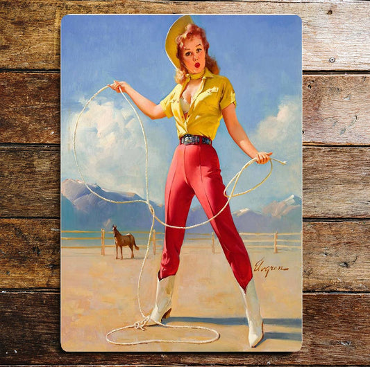 Pin Up Girl Cowgirl Ranch Rope Horses Metal Wall Sign