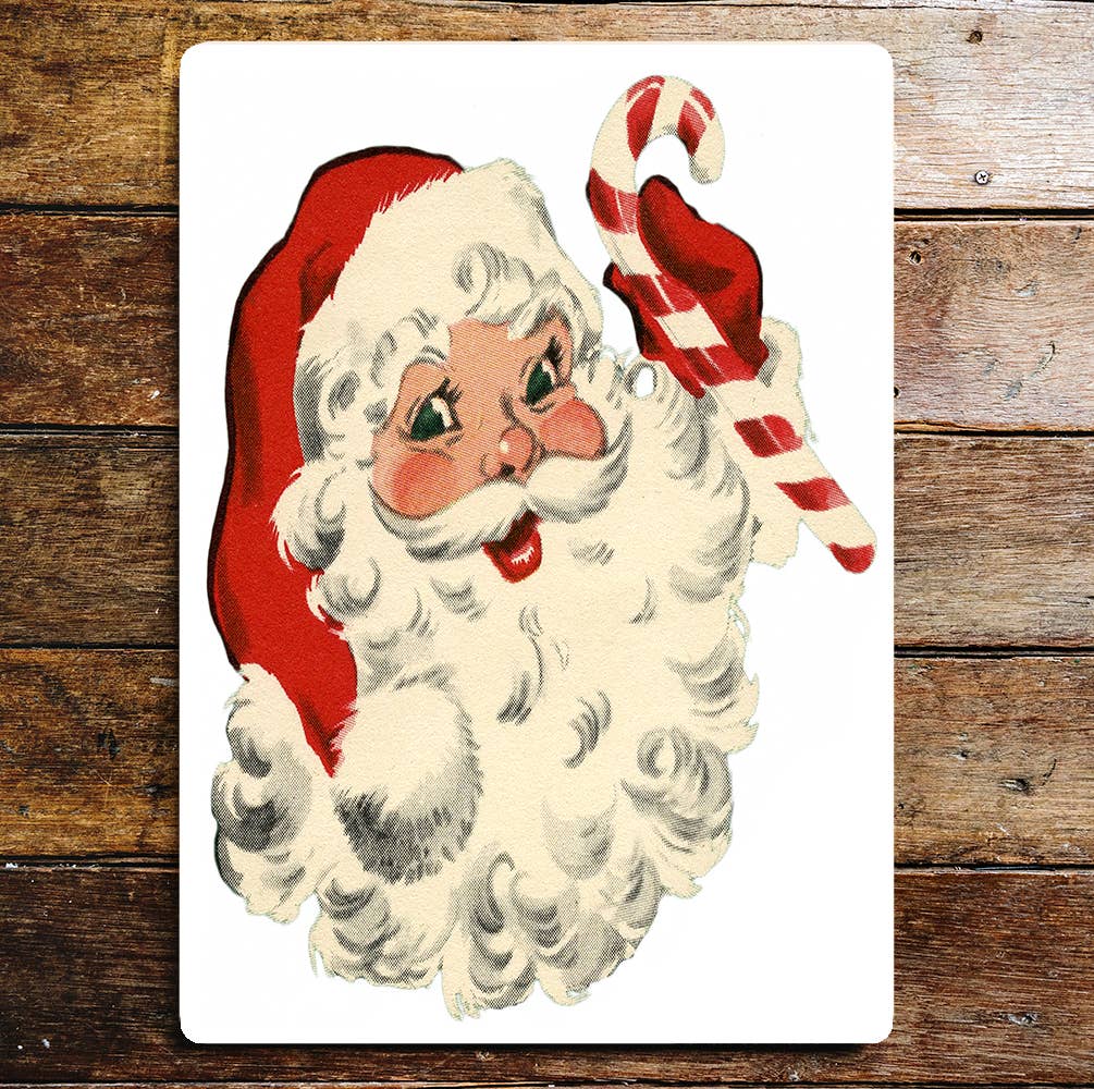 Santa Head Retro Candy Cane Christmas Metal Wall Sign