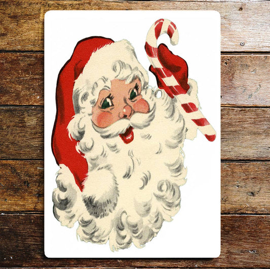 Santa Head Retro Candy Cane Christmas Metal Wall Sign