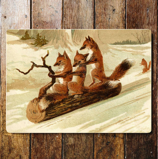 Sledging foxes winter snow Wall Metal Sign Plaque