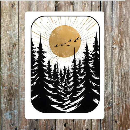 Woodcut Style Illustration Evergreen Trees | Metal Sign Plaque
