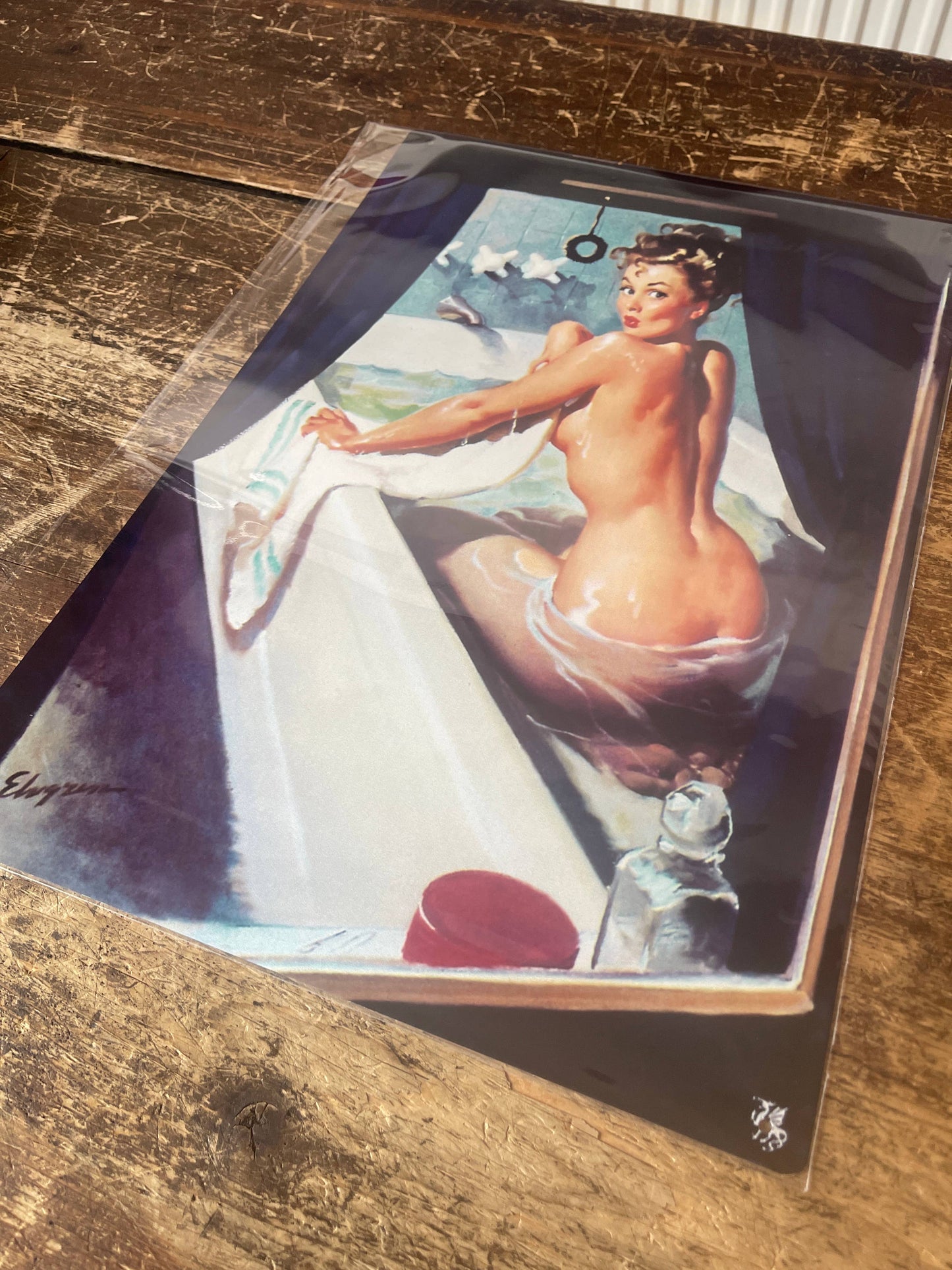 Bathroom Pin Up Girl In Bath through window | Metal Sign
