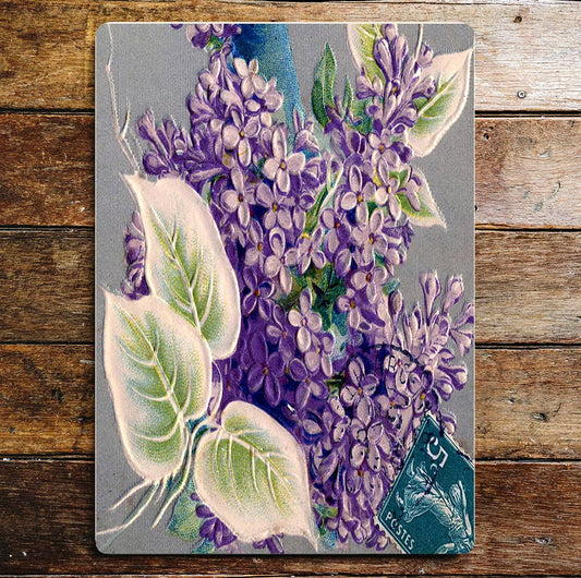 Purple Flowers White Leaves Metal Wall Sign