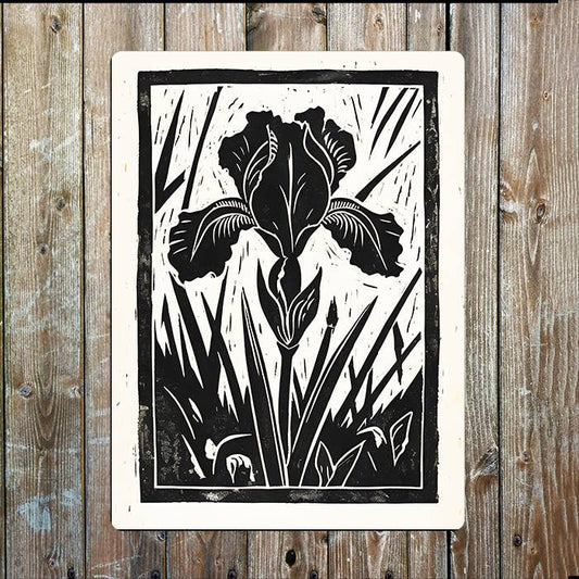 A Striking Iris Flower Linocut Style | Metal Sign Plaque