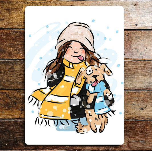 Girl And Dog Cartoon Winter Snow | Metal Wall Sign