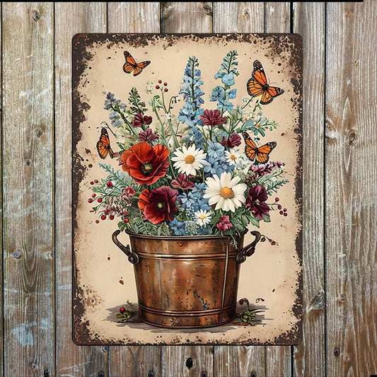Vintage Metal Bucket Floral Flower | Metal Sign Plaque