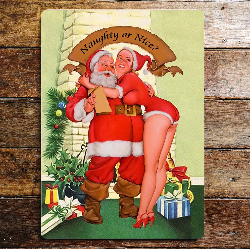 Naughty or Nice List Pin Up Girl Santa | Metal Sign Plaque