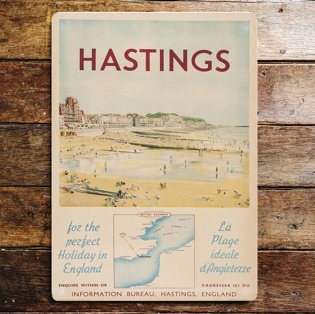 Hastings, England Beach Scene | Metal Wall Sign Plaque