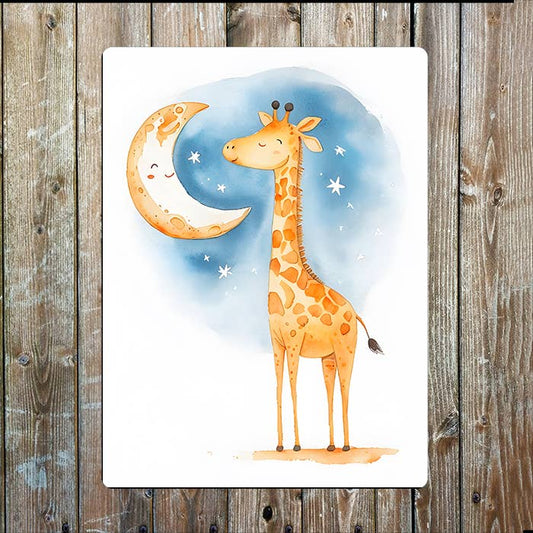 Giraffe Reaching Smiling Crescent Moon | Metal Sign Plaque