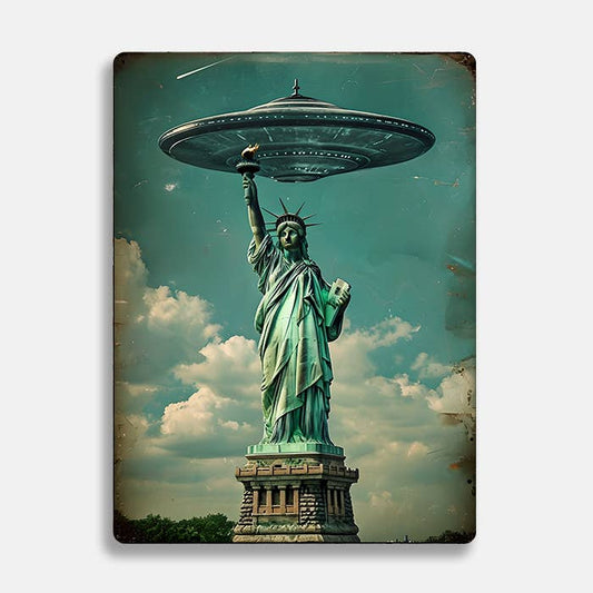 Statue of Liberty Beneath Alien UFO Metal Sign Plaque
