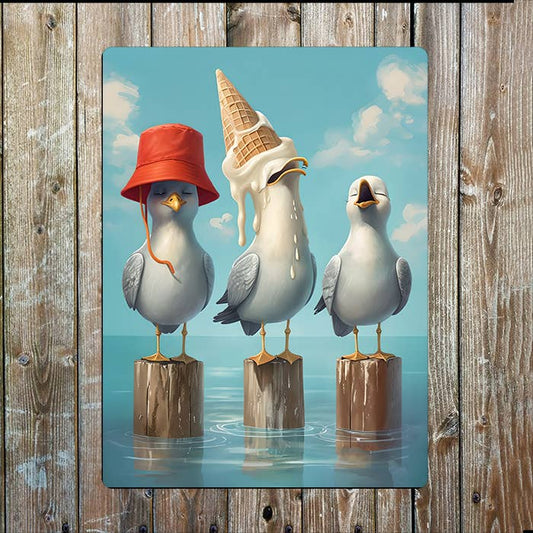Funny Seagulls Beach Sea Nautical | Metal Sign Plaque