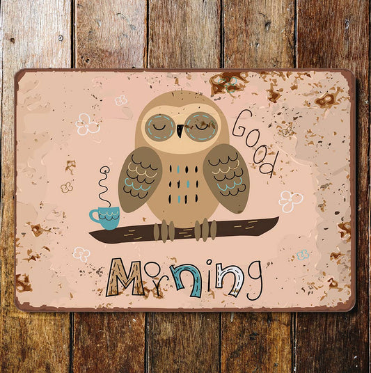 good morning owl coffee mug | Metal Wall Sign Plaque
