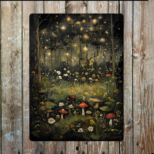 Mystical Night Forest Meadow Mushrooms | Metal Sign Plaque