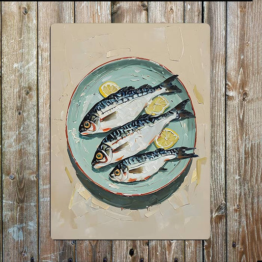 Still Life Painting of Fish Plate Painting Metal Sign Plaque