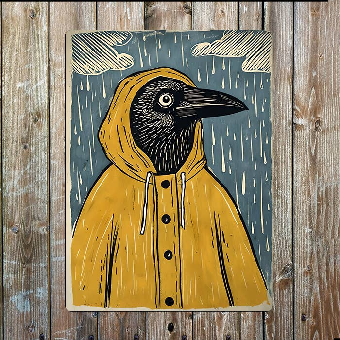 Crow Yellow Raincoat Raining Nautical | Metal Sign Plaque