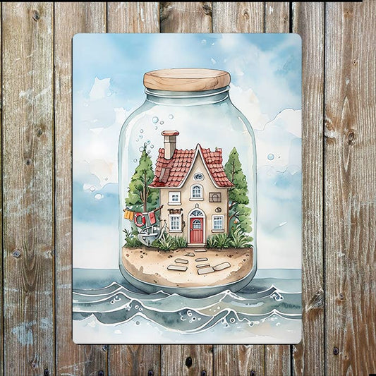 House In A Jar Seaside Sea Nautical | Metal Sign Plaque