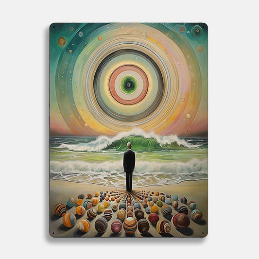 Surreal Beach Silhouetted Figure Alien UFO Metal Sign Plaque