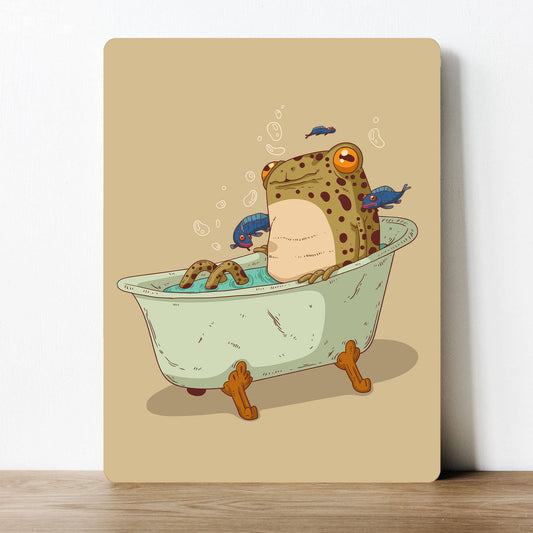 Frog in bath Cartoon Artwork | Metal Sign Plaque