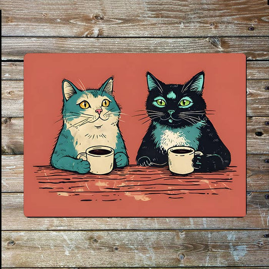 Two Cats Having Coffee | Metal Sign Plaque