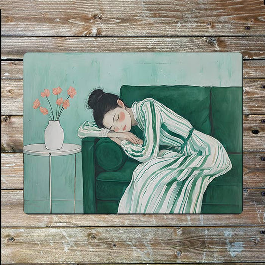 Woman Sleeping Green Couch Sofa | Metal Sign Plaque