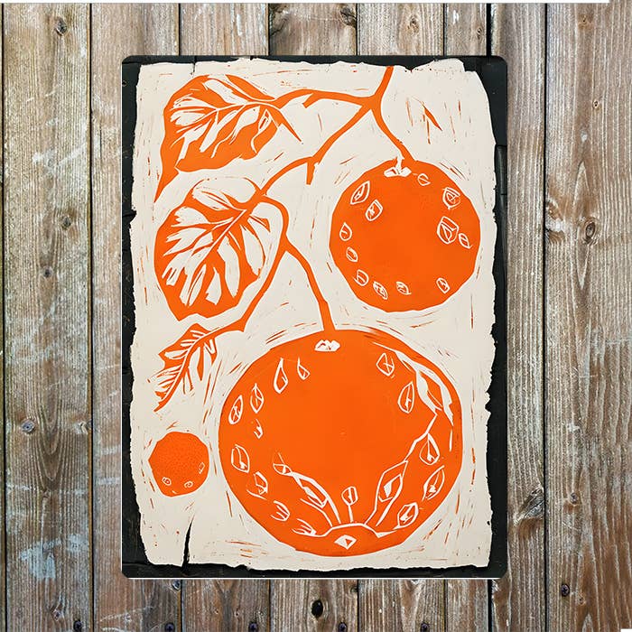 Linocut Style Orange Tree | Metal Sign Plaque