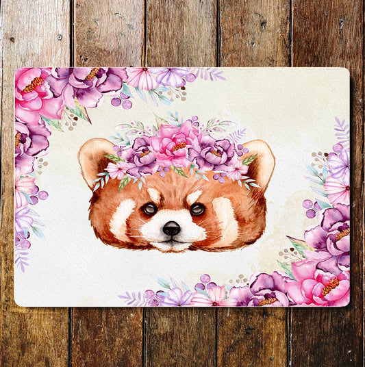 Cute Red Panda Face Pink Flowers | Metal Sign Plaque
