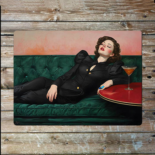 Painting style Woman Reclining Cocktail Metal Sign Plaque