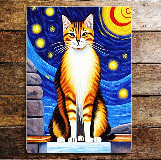 Starry Night cat blue wall art Metal Sign Plaque