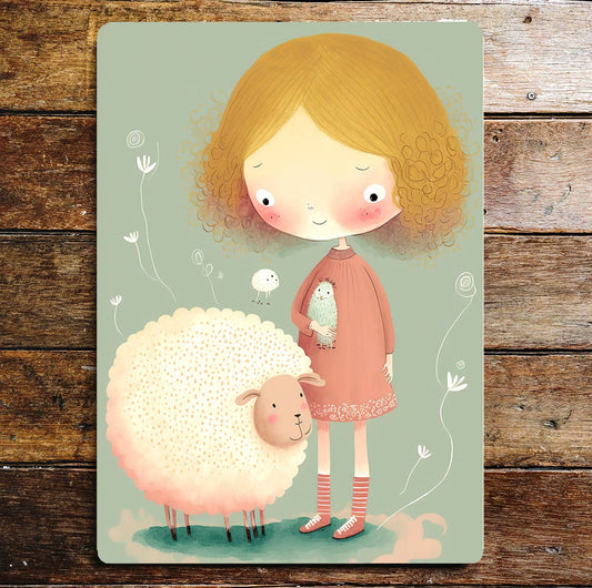 Cute Red Hair Girl Pet Sheep | Metal Sign Plaque