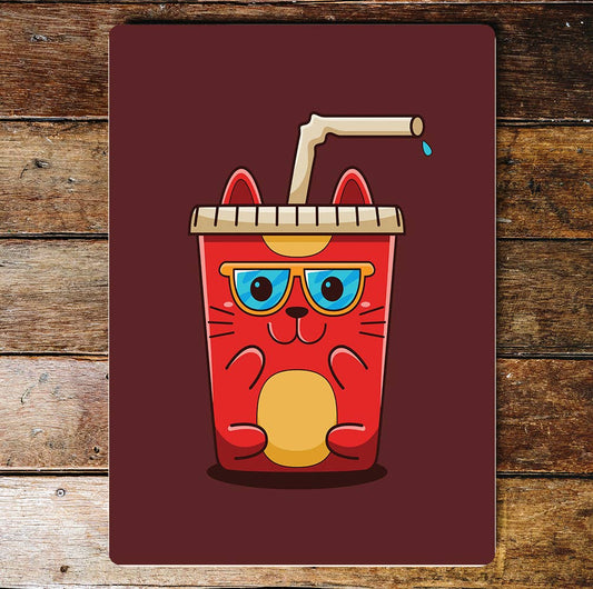 Cat Drink Cup And Straw Animal Food | Metal Wall Sign