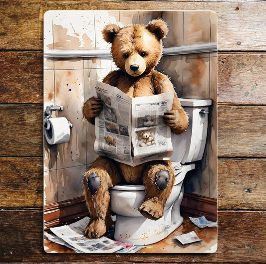 Teddy Bear Cute On the Toilet, Bathroom | Metal Sign