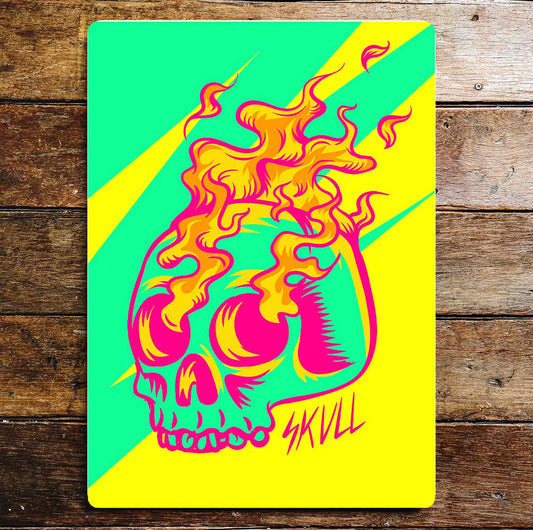Skull Flames Yellow And Green Metal Wall Sign
