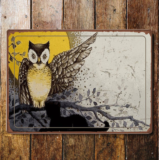 Owl Wings Branch Moon Light | Metal Sign Plaque