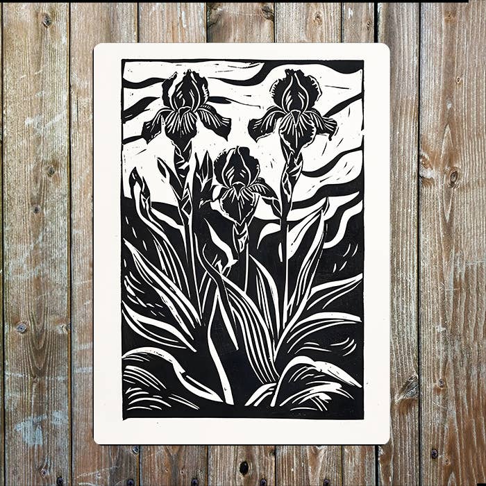 Iris Flowers Linocut Style | Metal Sign Plaque