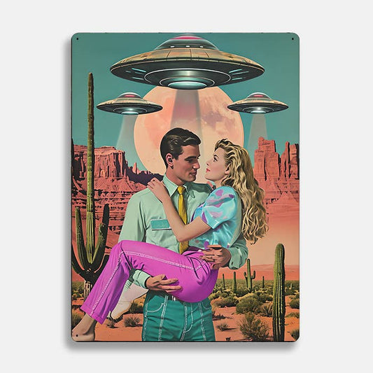 Romantic Scene in Alien Desert Alien UFO Metal Sign Plaque