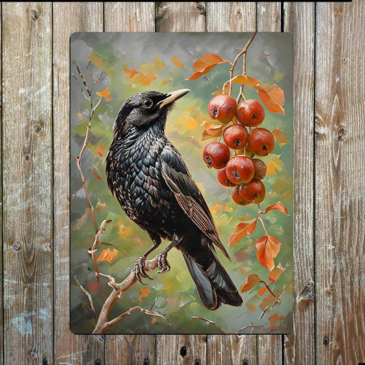Blackbird Perched on Branch Painting | Metal Sign Plaque