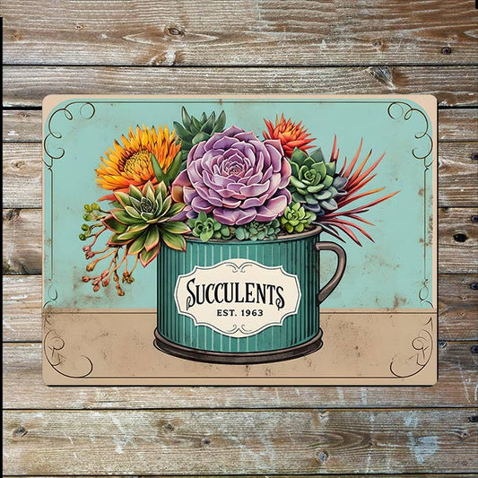 Botanical Colourful Succulents Vintage | Metal Sign Plaque