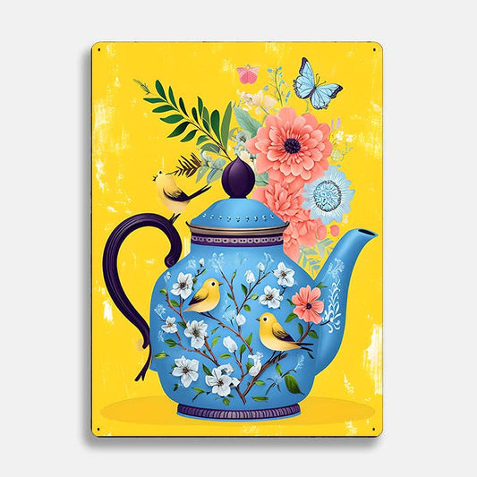 yellow teapot flowers scandinavian folk | Metal Sign Plaque