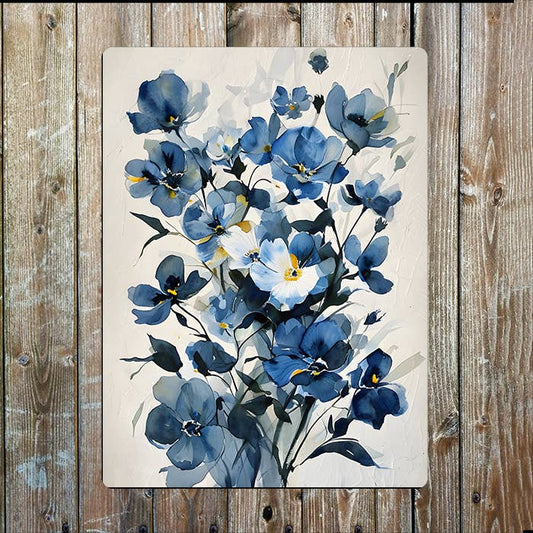 Floral Flowers Blue Arrangement Painting Metal Sign Plaque