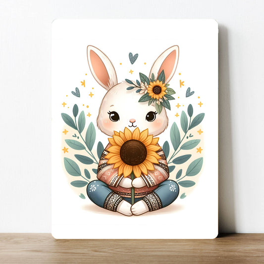 Sunflower Rabbit Cartoon Garden Flowers | Metal Sign Plaque
