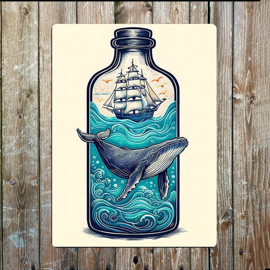 Glass Bottle Whale Illustration Nautical | Metal Sign Plaque
