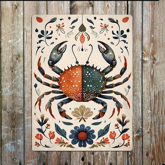 Crab Illustration Floral sea Nautical | Metal Sign Plaque
