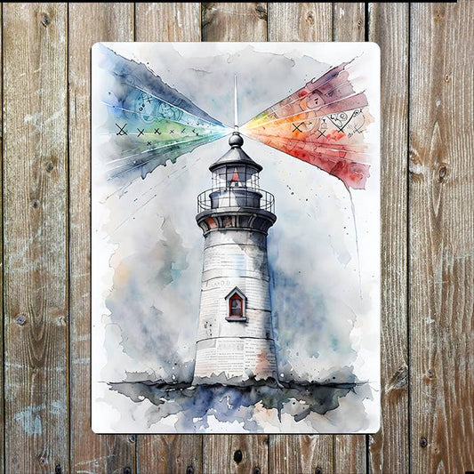Watercolor Lighthouse Rainbow Sea Nautical | Metal Sign Plaque