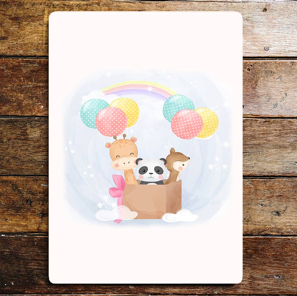 Animals Cute Panda Giraffe Balloon Rainbow | Metal Sign Plaque