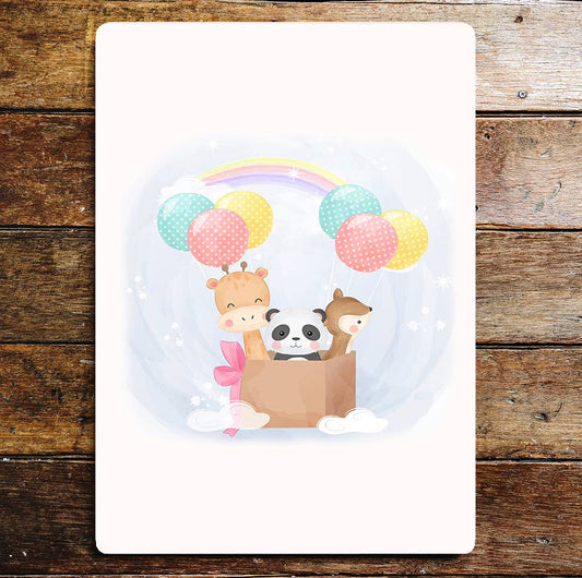 Animals Cute Panda Giraffe Balloon Rainbow | Metal Sign Plaque