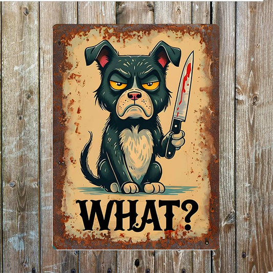 WHAT ? Illustration Dog Kitchen Knife | Metal Sign Plaque