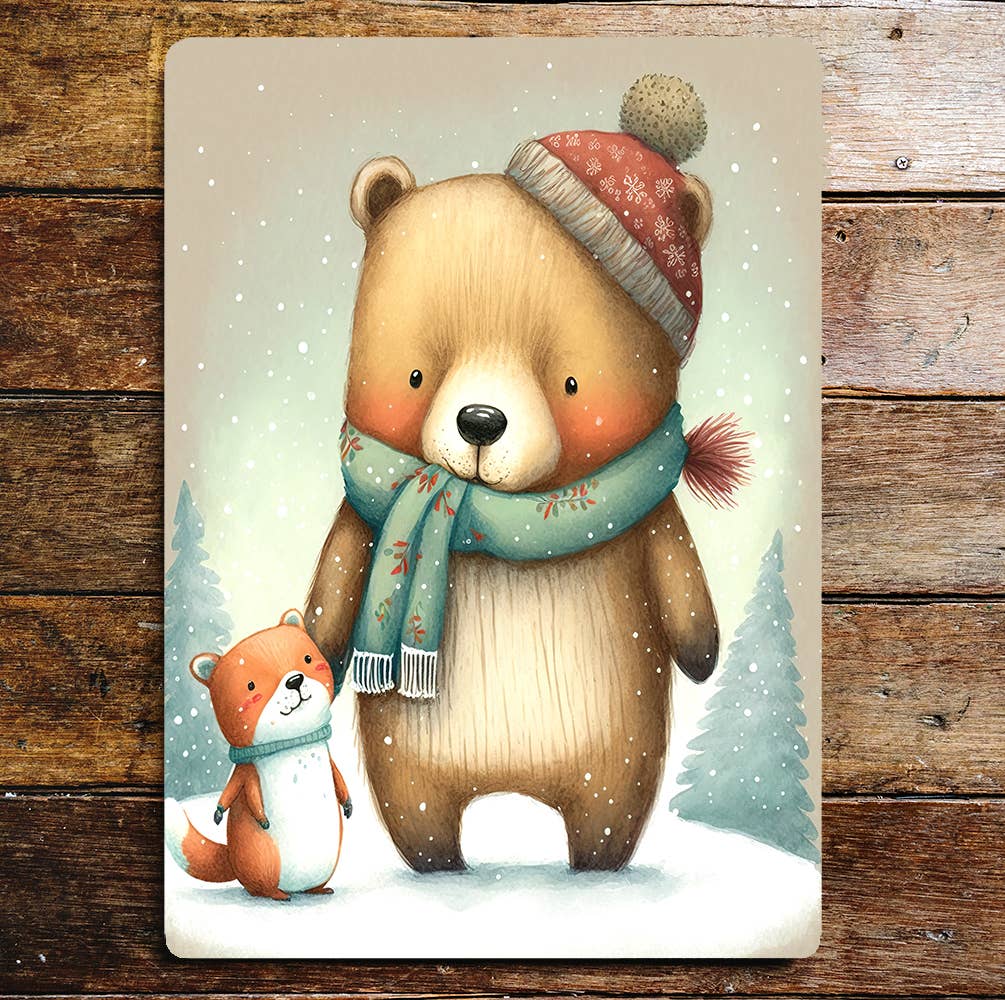 Cute Bear Hat Scarf Baby Fox Snow | Metal Sign Plaque