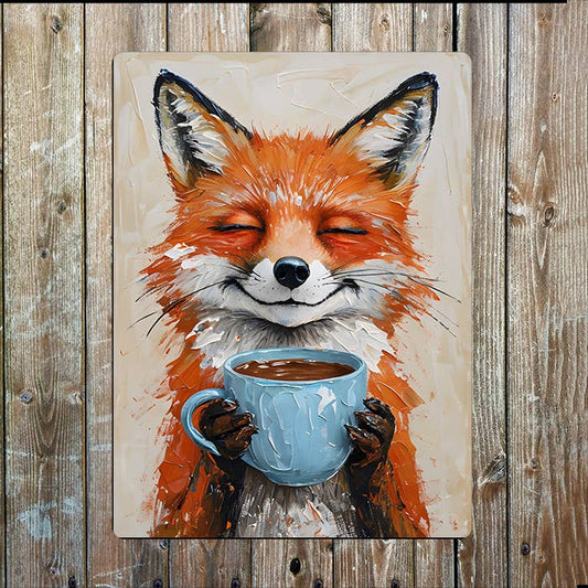 Fox Holding Blue Cup Painting | Metal Sign Plaque
