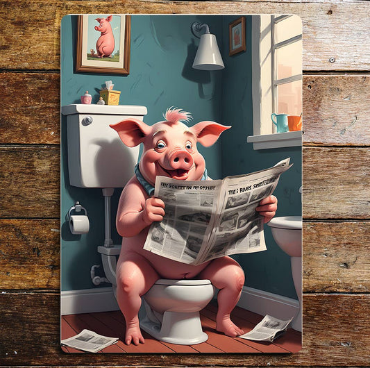 Cartoon Pig On the Toilet Bathroom | Metal Sign