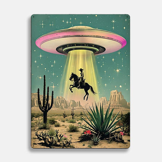 Western Scene With UFO Cowboy Alien | Metal Sign Plaque